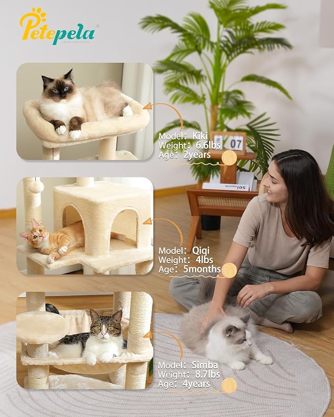 PETEPELA 45.7" Cat Tree for Indoor Cats, 5-Level Cat Tower for Large Cats with Metal Frame Large Hammock (17.3"x15.3"), Cat Condo with (18.5"x13") Big Top Perch &amp; 4 Sisal Covered Scratching Post Beige