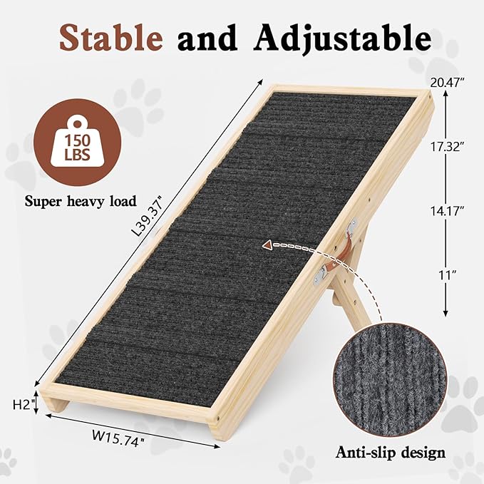 Dog Ramp for Couch, Wooden Pet Ramps 39.37" Long Adjustable 11"-20.47" Folding Puppy Ramps with High Traction Mat, Dog Stairs for Small &amp; Medium Older Dogs &amp; Cats, up to 150lbs