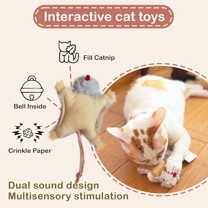 Catnip Cat Mice Toy,3 Pcs Plush Cats Nip Mouse Toys for Teeth Cleaning Chew Kitten Kicker Toy with Crinkle &amp; Bell Cat Interactive Catnip Toys for Indoor Kittens Play Fetch