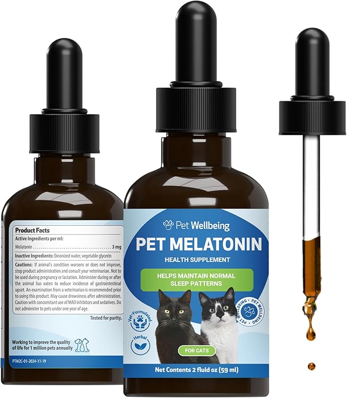 Pet Wellbeing Pet Melatonin for Cats - Supports Adrenal &amp; Thyroid Health, Cortisol Balance, Helps Maintain Normal Sleep Patterns - Veterinarian-Formulated Liquid Supplement 2 fl oz (59 ml)