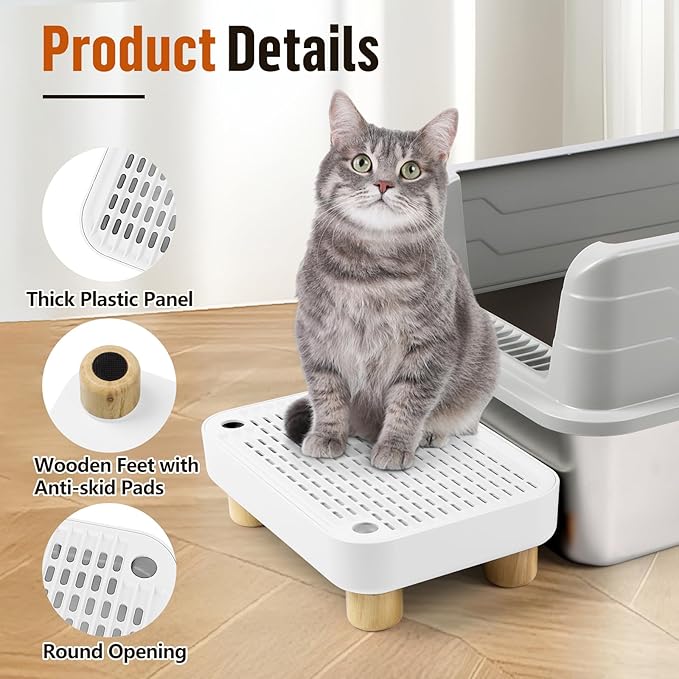 Cat Litter Box Step Ramp, Cat Litter Catcher Mat with Wooden Feet, Filter Function, Cat Pedal Stool for Self-Cleaning Cat Litter Box, Ideal for Kitten &amp; Elderly Cats (White)
