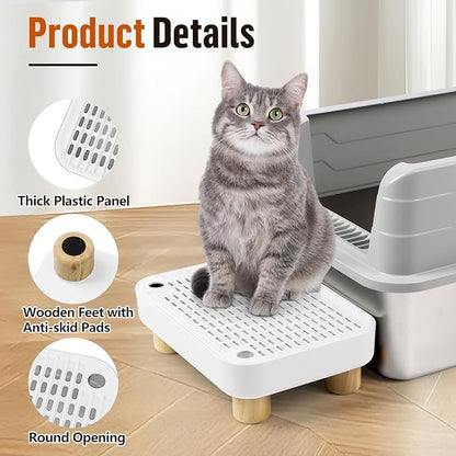 Cat Litter Box Step Ramp, Cat Litter Catcher Mat with Wooden Feet, Filter Function, Cat Pedal Stool for Self-Cleaning Cat Litter Box, Ideal for Kitten &amp; Elderly Cats (White)