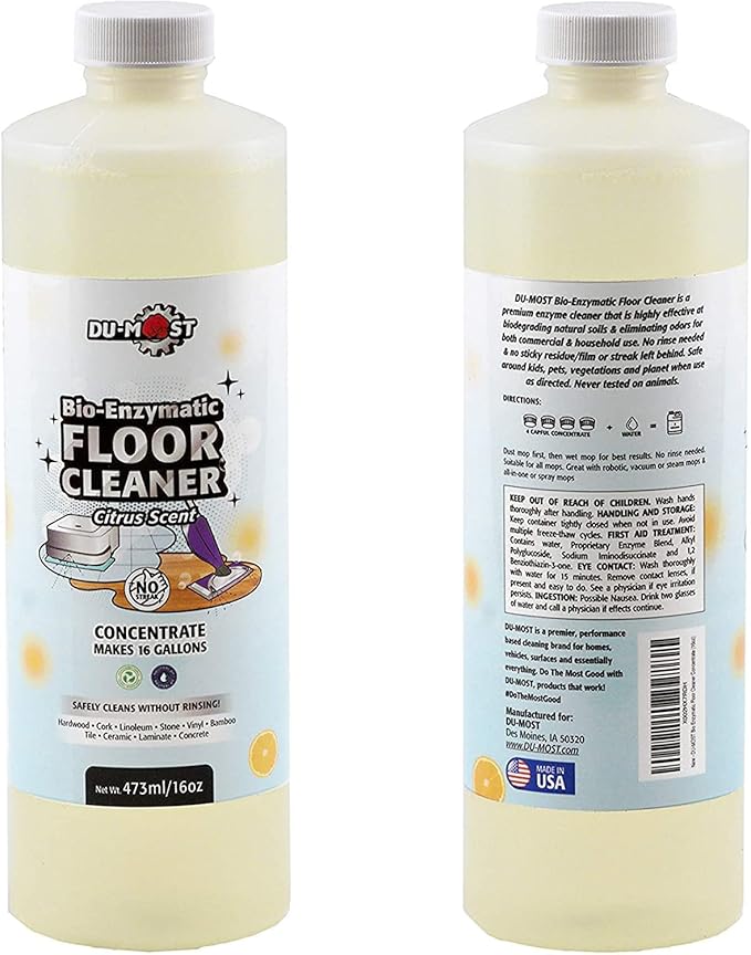 DU-MOST Enzymatic Floor Cleaner Concentrate (1 Oz Makes 1 Gal), No, Streak, No Rinsing, Kids &amp; Pets Safe, Hard Surface Floors, Citrus Scent, 16 Fl Oz