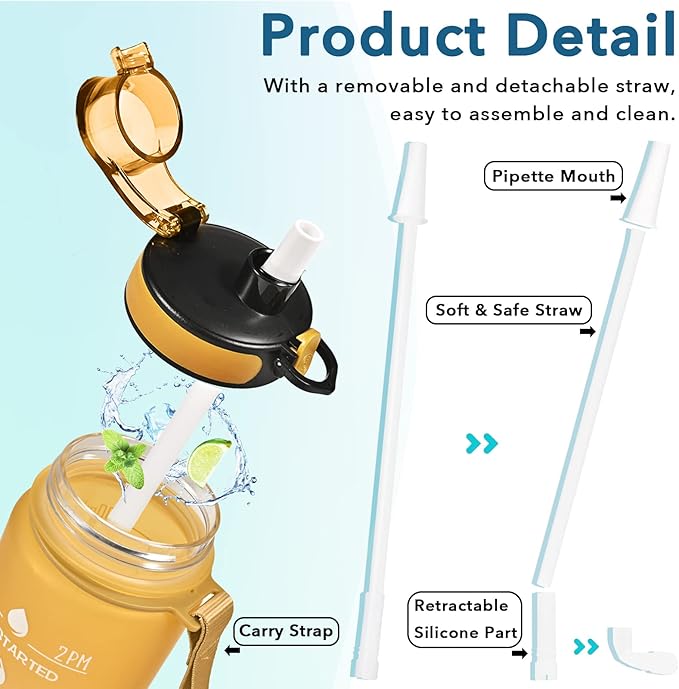 Enerbone Water Bottle, Leakproof BPA &amp; Toxic Free, Motivational Water Bottle with Times to Drink and Straw, Fitness Sports Water Bottle with Strap for Office, Gym, Outdoor Sports