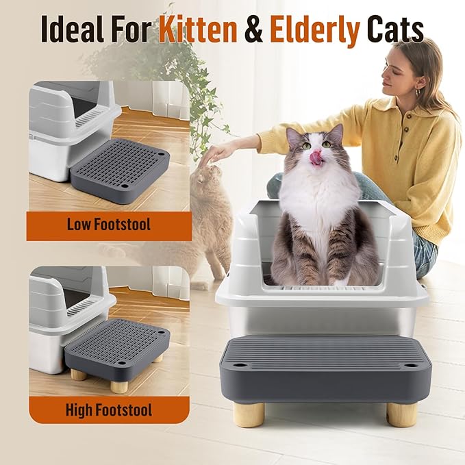 Cat Litter Box Step Ramp, Cat Litter Catcher Mat with Wooden Feet, Filter Function, Cat Pedal Stool for Self-Cleaning Cat Litter Box, Ideal for Kitten &amp; Elderly Cats (Dark Grey)