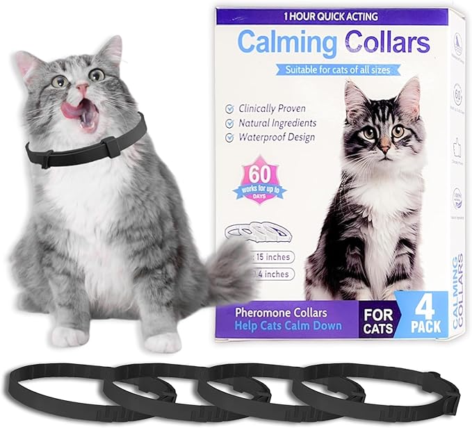 Simnice Calming Collar for Cats - 4 Pack, Adjustable Calming Collar for Cats - Pheromone Cat Collars for Anxiety &amp; Stress Relief, Water-Resistant &amp; Long-Lasting Effect (Black)