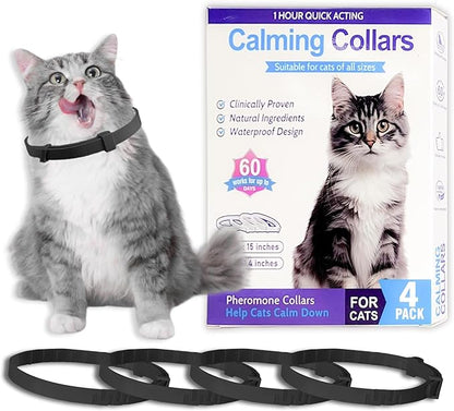 Simnice Calming Collar for Cats - 4 Pack, Adjustable Calming Collar for Cats - Pheromone Cat Collars for Anxiety &amp; Stress Relief, Water-Resistant &amp; Long-Lasting Effect (Black)