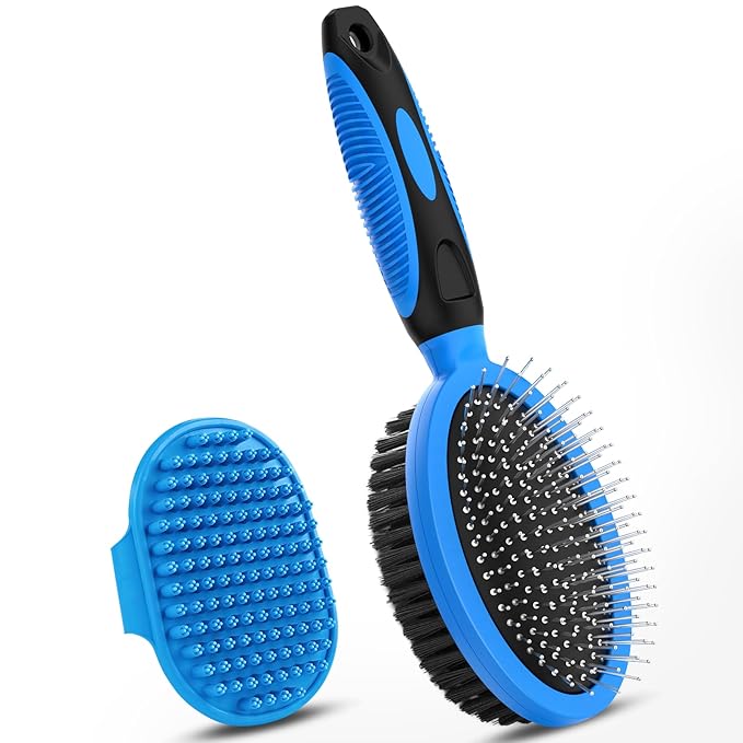2PCS Pet Grooming Tools - Double-Sided Brush for Shedding and Bathing, Suitable for Short/Long Haired Dogs Cats and Horses, Deshedding Dog Brush, Mane &amp; Tail Combs for Horses - Pet Supplies (Blue)