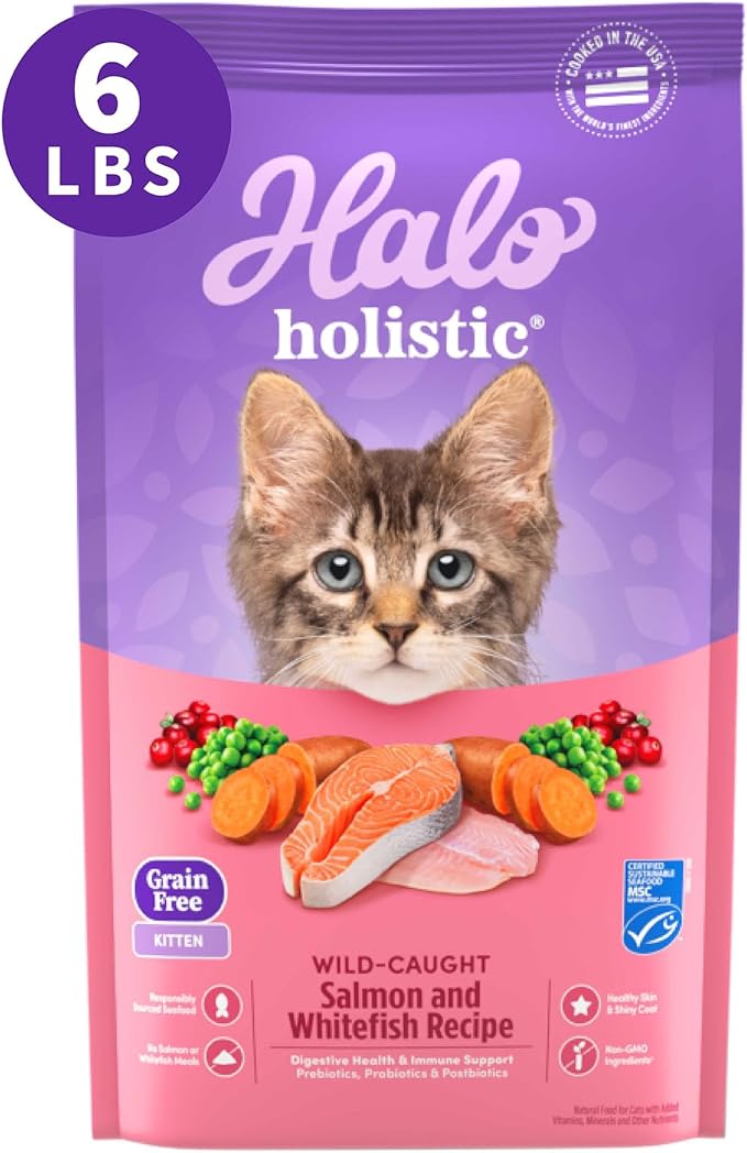 Halo Holistic Kitten Food, Wild Caught Salmon &amp; Whitefish Recipe, Grain Free Dry Cat Food, Complete Digestive Health, 6 lb Bag