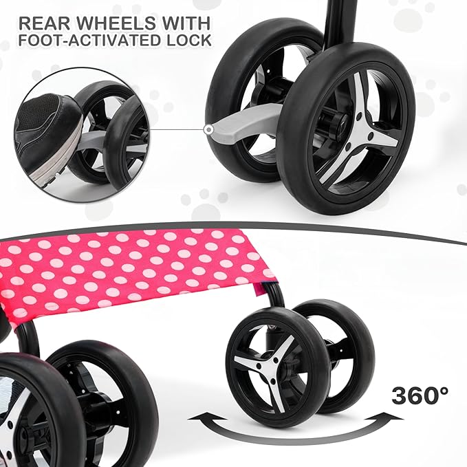 MoNiBloom 4 Wheels Pet Stroller, Easy-Fold Umbrella Shaped Dog Cat Jogger Stroller w/Storage Bag &amp; Visible Mesh for Small/Medium Dogs Cats Hot Pink Polka Dots