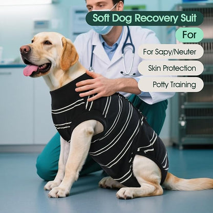 Kuoser Dog Surgery Recovery Suit for Female Male Dogs, Stripes Spay Neuter Anti-Licking Dog Onesie, Surgical Suit Snugly Pet Post Surgery Vest Bodysuit for Abdominal Wounds Skin Disease, Black 2XL