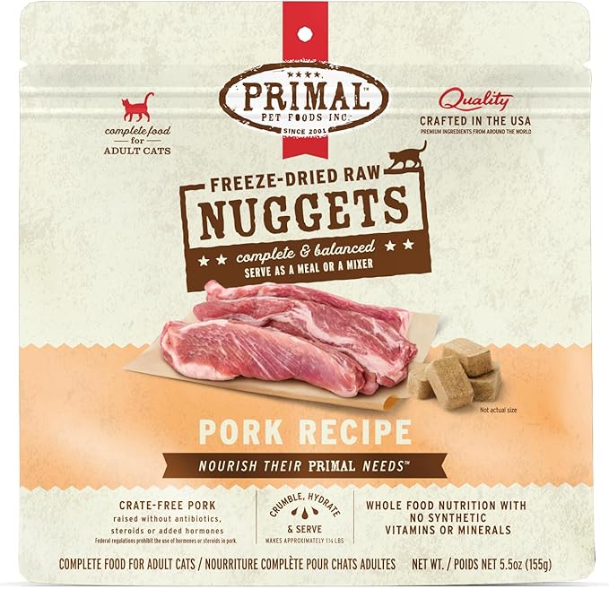 Primal Freeze Dried Raw Cat Food Nuggets Pork, Complete &amp; Balanced Meal or Topper, Premium, Healthy, Grain Free, High Protein Raw Cat Food with Probiotics (5.5 oz)