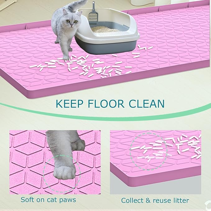 Cat Litter Mat, Silicone Large Cat Mat for Litter Box - 34x22 in, Waterproof &amp; Non-Slip, Durable &amp; Easy Clean, Pink