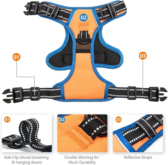 PHOEPET 2019 No Pull Dog Harnesses for Small Dogs Reflective Adjustable Front Clip Vest with Handle 2 Metal Rings 3 Buckles [Easy to Put on &amp; Take Off] (XS, Orange)