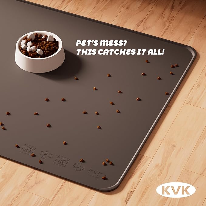 KVK Extra Extra Large Silicone Dog Food Mat 39.4×43.3in and 128oz Silicone Bag Set, Super Size Waterproof Pet Feeding Mat &amp; Container, Non-Slip, Chew-Resistant Floor Protection (Dark Grey&amp;Clear)