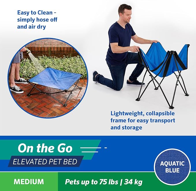 Coolaroo On-The-Go Elevated Dog Bed - Foldable Pop-Up Travel Dog Bed with Breathable, Moisture-Resistant Fabric, Carry Bag Included, Lightweight &amp; Portable, Aquatic Blue, Medium