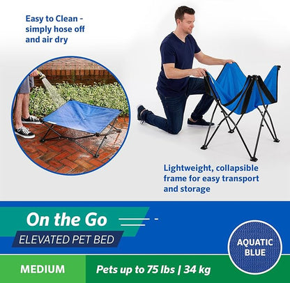 Coolaroo On-The-Go Elevated Dog Bed - Foldable Pop-Up Travel Dog Bed with Breathable, Moisture-Resistant Fabric, Carry Bag Included, Lightweight &amp; Portable, Aquatic Blue, Medium