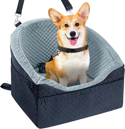 Vivifying Dog Car Seat for Small &amp; Medium Dogs, Detachable &amp; Washable Booster Seat for Pets Up to 30lbs, Travel Bed with Storage Pockets and Safety Belt – Gray&amp;Black