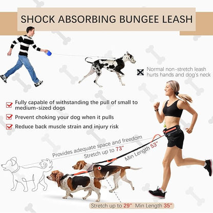 Hands-Free Waist Leash with Pouch for Two Dogs: Reflective Stitching, Dual Handle &amp; Bungee Retractable Design – Ideal for Medium to Large Dogs (Orange) – Dog Walking Accessories
