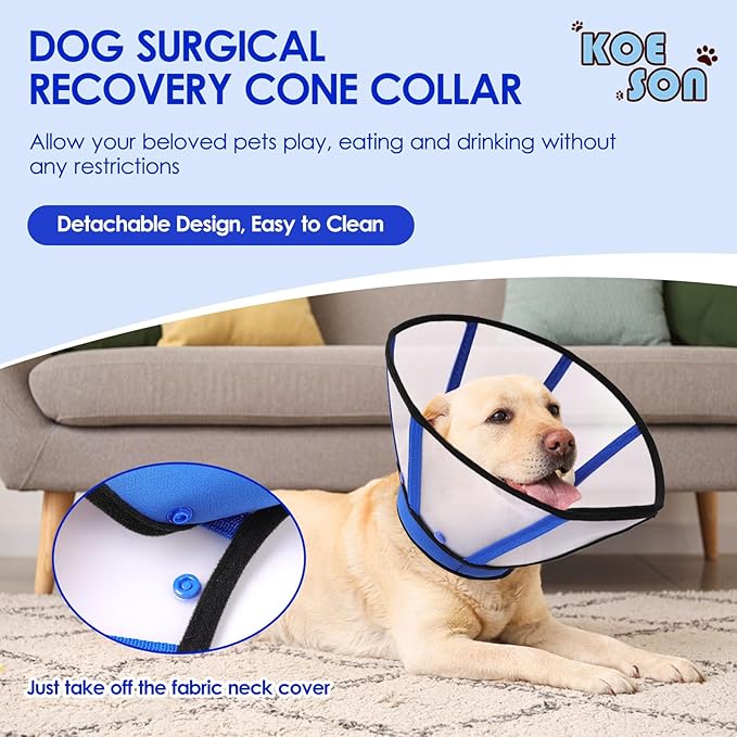 KOESON Dog Cone Collar, Soft Cones for Large Dogs, Professional Large Dog Surgery Recovery Cone with Adjustable Hook &amp; Loop, Comfortable Pet Elizabethan Collars to Stop Licking, Blue L