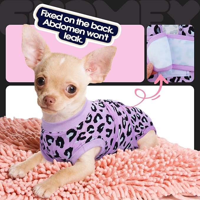 FUAMEY Recovery Suit for Dogs After Surgery,Soft Breathable Dog Bodysuit E-Collar &amp; Cone Alternative Surgical Suit,Male Female Dog Neuter Spay Suits Anti Licking Wounds Onesie Purple Leopard S
