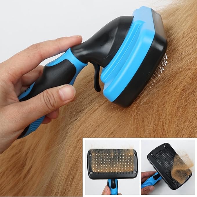 Dog Brush Kit for Grooming Short &amp; Long Haired Dogs &amp; Cats, 4-in-1 Pet Grooming Set with Self-Cleaning Slicker Brush, Deshedding Tool, Shampoo Bath Comb, Massge Comb (Blue Black)