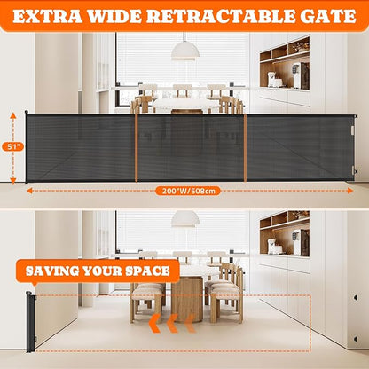 Extra Tall Retractable Baby Gates: 51" Tall Pet Gate, Extend up to 200" Wide, Mesh Baby Gate with Support Rods Jump-Proof Design for Cats &amp; Large Dogs High Dog Cat Door Indoor Outdoor, Black