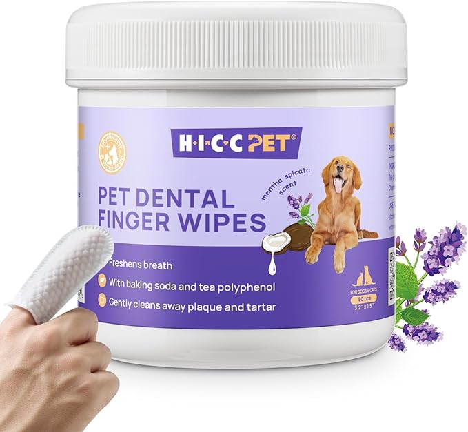 HICC Pet Teeth Cleaning Wipes for Dogs &amp; Cats, Remove Bad Breath by Removing Plaque and Tartar Buildup, Disposable Dog Finger Toothbrush Gentle Pet Dental Care Wipes, 50 Counts, (Mentha Spicata Scent)