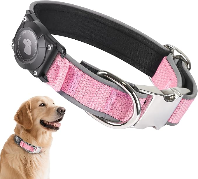 Waterproof Airtag Dog Collar - Nylon Collar with Durable Airtag Holder, Reflective&amp;Anti-Lost with Safety Metal Buckle, Soft Padded Adjustable for Small Medium Large Dogs Pink M