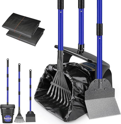 SlowTon Dog Pooper Scooper - 37.4" Long Handle Adjustable Metal Swivel Bin &amp; Rake &amp; Spade Kit with 20 Waste Bags, Portable Pooper Scooper for Gravel Lawn Grass, Suit for Small Medium Large Dog