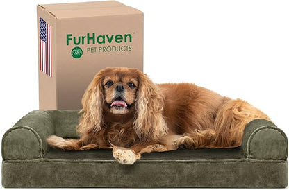 Furhaven Cooling Gel Dog Bed for Medium/Small Dogs w/ Removable Bolsters &amp; Washable Cover, For Dogs Up to 35 lbs - Faux Fur &amp; Velvet Sofa - Dark Sage, Medium