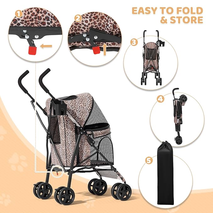 Magshion Compact Pet Stroller for Small-Medium Dogs/Cats up to 22lbs, 4-Wheel Lightweight Umbrella Shaped Portable Puppy Travel Jogger with Breathable Mesh, Cup Holder &amp; Rear Storage, Leopard Print