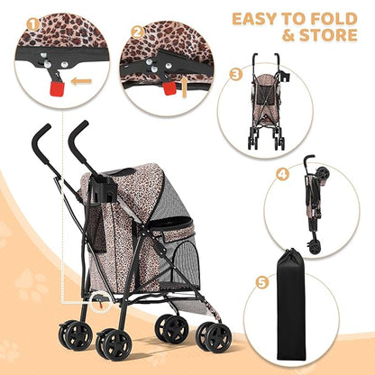 Magshion Compact Pet Stroller for Small-Medium Dogs/Cats up to 22lbs, 4-Wheel Lightweight Umbrella Shaped Portable Puppy Travel Jogger with Breathable Mesh, Cup Holder &amp; Rear Storage, Leopard Print