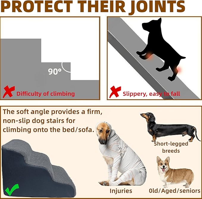 3-Step Dog Stairs for High Beds &amp; Couches Multi-Step Non-Slip Pet Steps with Balanced Ramp Indoor 2 3 4 5 Step Stairs for Small to Large Dogs and Cats Non-Slip Stickers 30D Grey