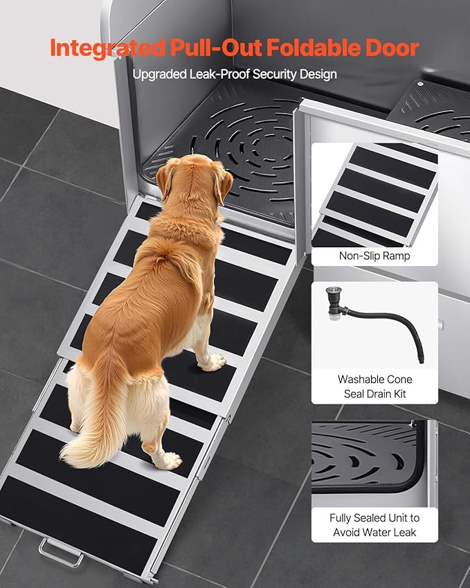 VEVOR Professional 304 Stainless Steel Dog Bathing Station, 50 inch Pet Grooming Tub w/Anti-Slip ramp, Storage Drawer, Cold Hot Faucet Showerhead, for Large &amp; Medium &amp; Small (Left Door, with Drawer)