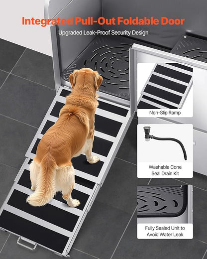 VEVOR Professional 304 Stainless Steel Dog Bathing Station, 50 inch Pet Grooming Tub w/Anti-Slip ramp, Storage Drawer, Cold Hot Faucet Showerhead, for Large &amp; Medium &amp; Small (Left Door, with Drawer)
