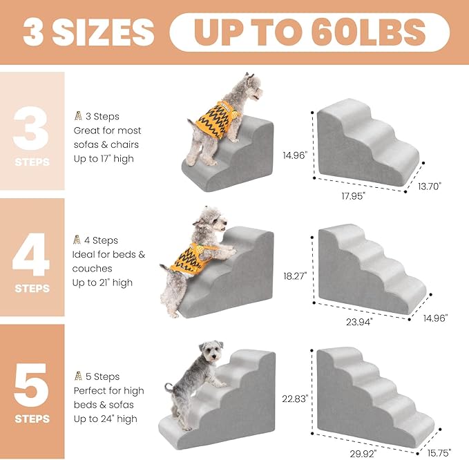 MEWANG Dog Stairs for Small &amp; Medium Dogs and Old Cats –3/4/ 5 Steps High-Density Foam Pet Ramp for Bed &amp; Couch, Non-Slip, Washable Cover, Grey (Round Corner, 5 Steps: 29.92&