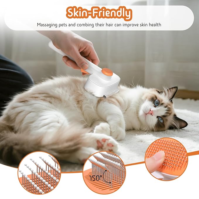 Self Cleaning Slicker Brush, 2-in-1 Cat Brush for Shedding, Skin Friendly Grooming Tool for Long &amp; Medium-Long Hair Pets, Adjustable Bristle Length with Dematting Comb for Cats, Dogs (Orange)