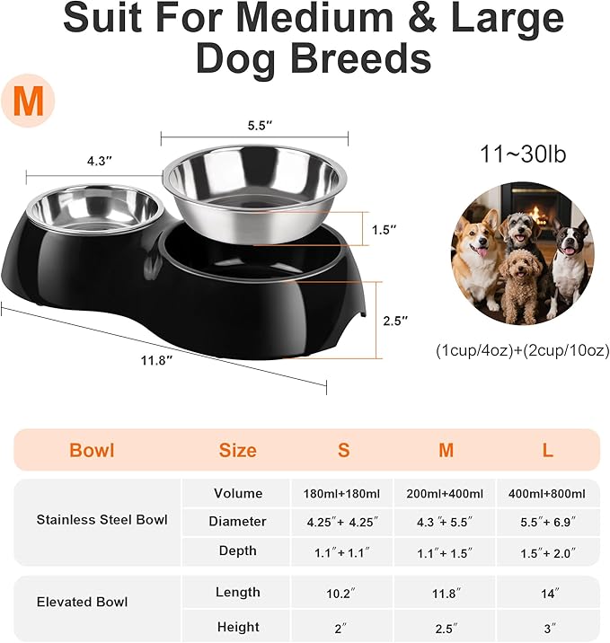 Double Dog Bowls Set – Non-Slip Pet Food &amp; Water Dishes with Resin Stand, Includes Small (1 Cup) &amp; Medium (2 Cups) Bowls – Ideal for Puppies, Cats, and Medium Dogs –Black
