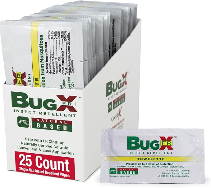CoreTex Bug X FR DEET-Free Insect Repellent Wipes - Pack of 25 Single-Use, Naturally Derived Geranium Oil Bug Wipes - Protects Against Flies, Fleas &amp; Mosquitoes - Travel Mosquito Repellent Towelettes