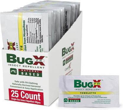 CoreTex Bug X FR DEET-Free Insect Repellent Wipes - Pack of 25 Single-Use, Naturally Derived Geranium Oil Bug Wipes - Protects Against Flies, Fleas &amp; Mosquitoes - Travel Mosquito Repellent Towelettes