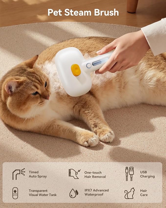 ROJECO 3-in-1 Pet Steam Brush for Cats&amp;Dogs-Pet Spray Hair Removal Detangling Comb with Adjustable Mist,Handheld Deshedding Grooming Tool for Long/Short Hair,Massage Brush &amp; Shedding Control,Cordless