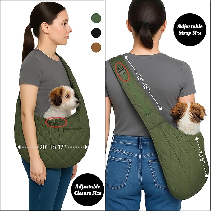 Small Dog Carrier Sling – Olive Green Hands‑Free 2‑in‑1 Sling &amp; Handheld Carrier for Dogs up to 10 lbs, Parachute‑Grade Rip‑Stop Nylon, 4″ Padded Strap, Safety Tether &amp; Pockets