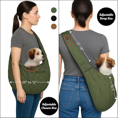 Small Dog Carrier Sling – Olive Green Hands‑Free 2‑in‑1 Sling &amp; Handheld Carrier for Dogs up to 10 lbs, Parachute‑Grade Rip‑Stop Nylon, 4″ Padded Strap, Safety Tether &amp; Pockets