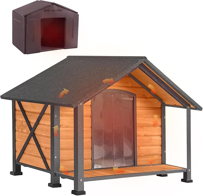 GUTINNEEN Dog House Outdoor &amp; Indoor Insulated Dog Kennel with Liner for Winter Waterproof Dog Crate for Small &amp; Medium &amp; Large Dogs,Unique All-Around Iron Frame