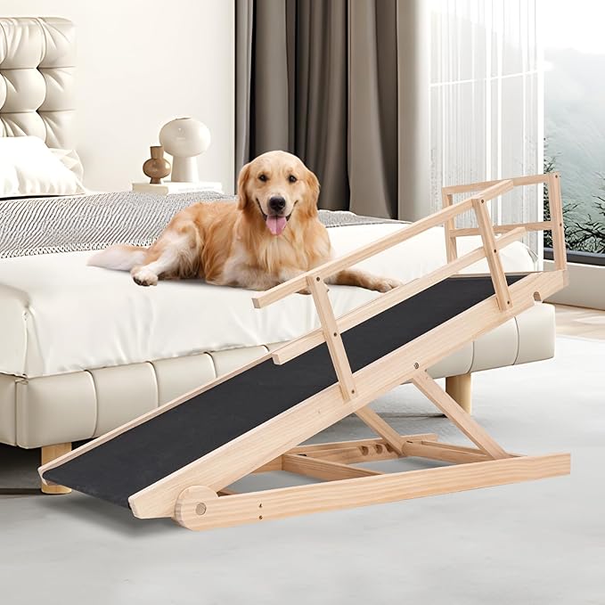 ABORON Antislip Wooden Dog Ramp for High Bed Couch Car, 5-Level Adjustable Folding Pet Ramp for Small &amp; Large Old Dogs &amp; Cats, 17.7" Extra Wide 51" Long, Rubber Mat, Supports up to 200 lbs
