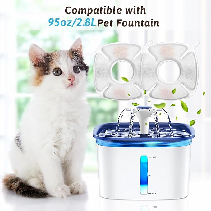 8 Pcs Cat Fountain Replacement Filters 4 Pack Cat Water Fountain Replacement Filters with 4 Pack Pre-Filter Sponges, Pet Fountain Filter Fit for 95oz/2.8L Automatic Pet Fountain Cat Water Fountain