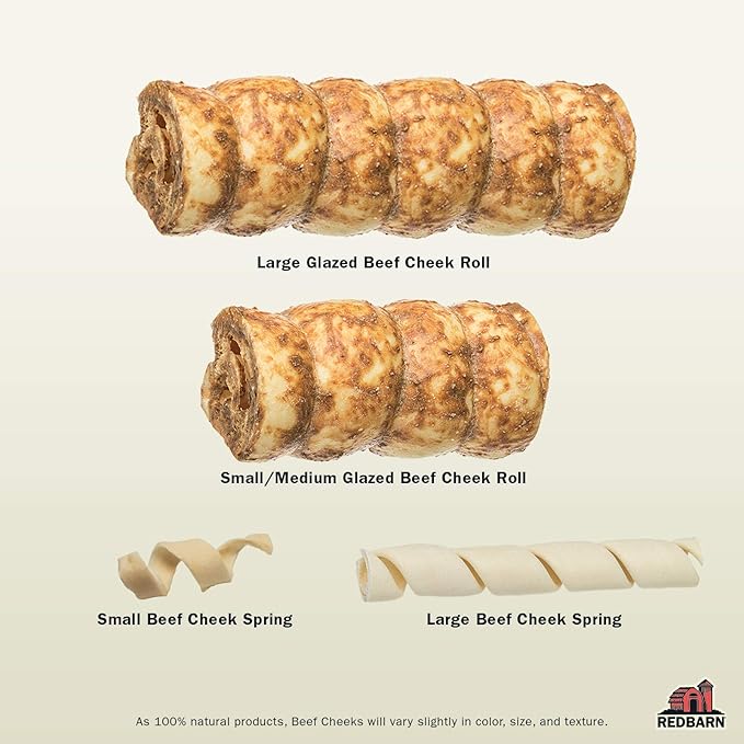 Redbarn Pet Products All-Natural Beef Cheek Rolls for Dogs, Grain-Free Cow Cheeks, Rich in Collagen, Available in Chicken &amp; Carrot Glaze or Uncoated Chicken &amp; Carrot, Small/Medium (Pack of 25)