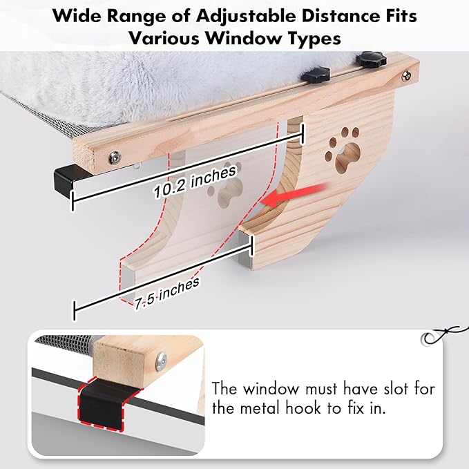 AMOSIJOY Cat Sill Window Perch Sturdy Hammock Window Seat with Cushion Cover, Wood &amp; Metal Frame for Large Cats, Easy to Adjust Cat Bed for Windowsill, Bedside, Drawer and Cabinet (L)