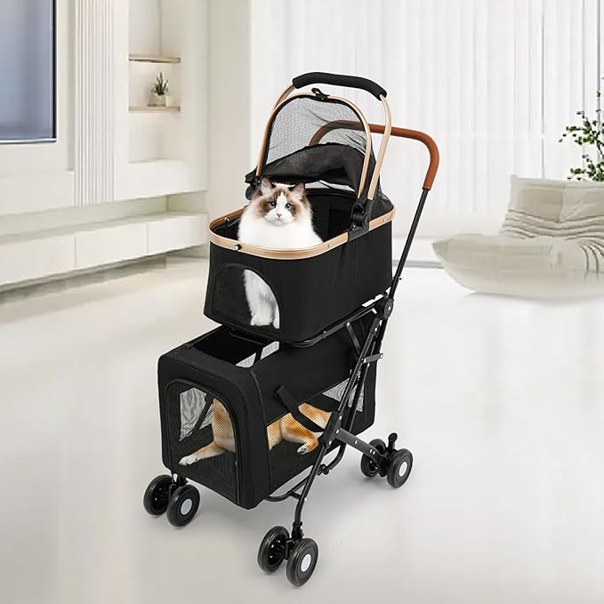 Foldable Pet Stroller for Small &amp; Medium Dogs, Double Dog &amp; Cat Stroller with 3-in-1 Travel System, Detachable Pet Carrier with Wheels for Cats and Dogs up to 77 lbs, Black